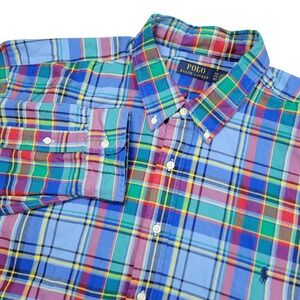 Polo Ralph Lauren Button Down Shirt Mens 3XB Blue Plaid Madras Preppy Classic